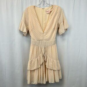 Showpo Womens Dress Blush Swiss Dot Short V Neck Layered Ruffle Cottagecore 6